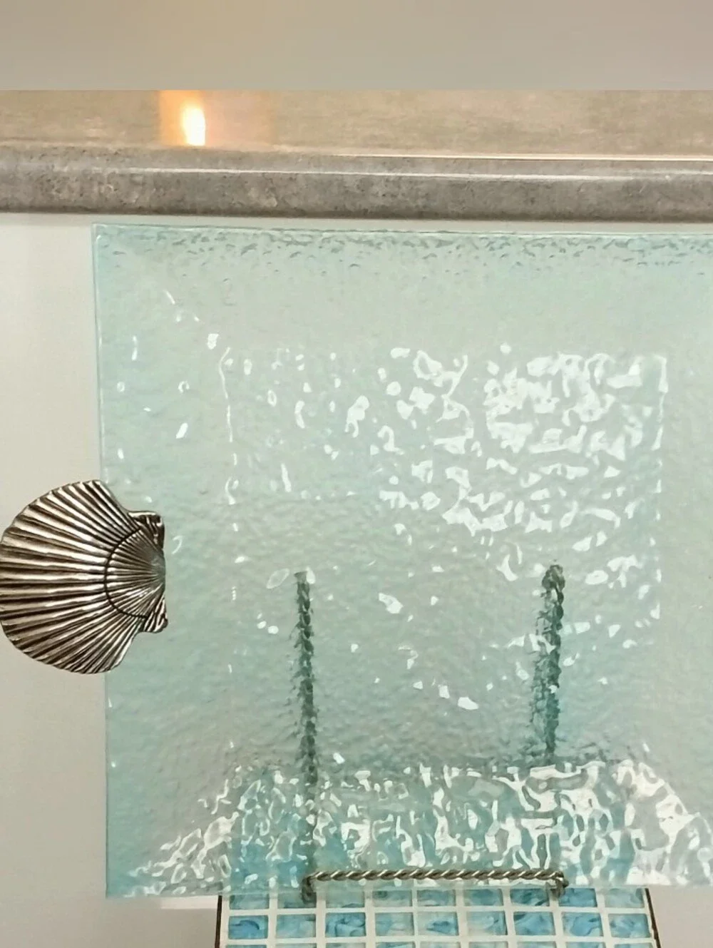 Like New Aqua Tempered Square Glass Serving/Display Tray w/ Silver Shell Handles